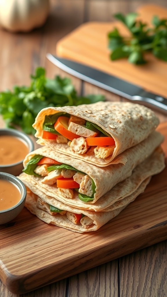A stack of oat wraps filled with vegetables and chicken on a cutting board, with a bowl of dipping sauce.